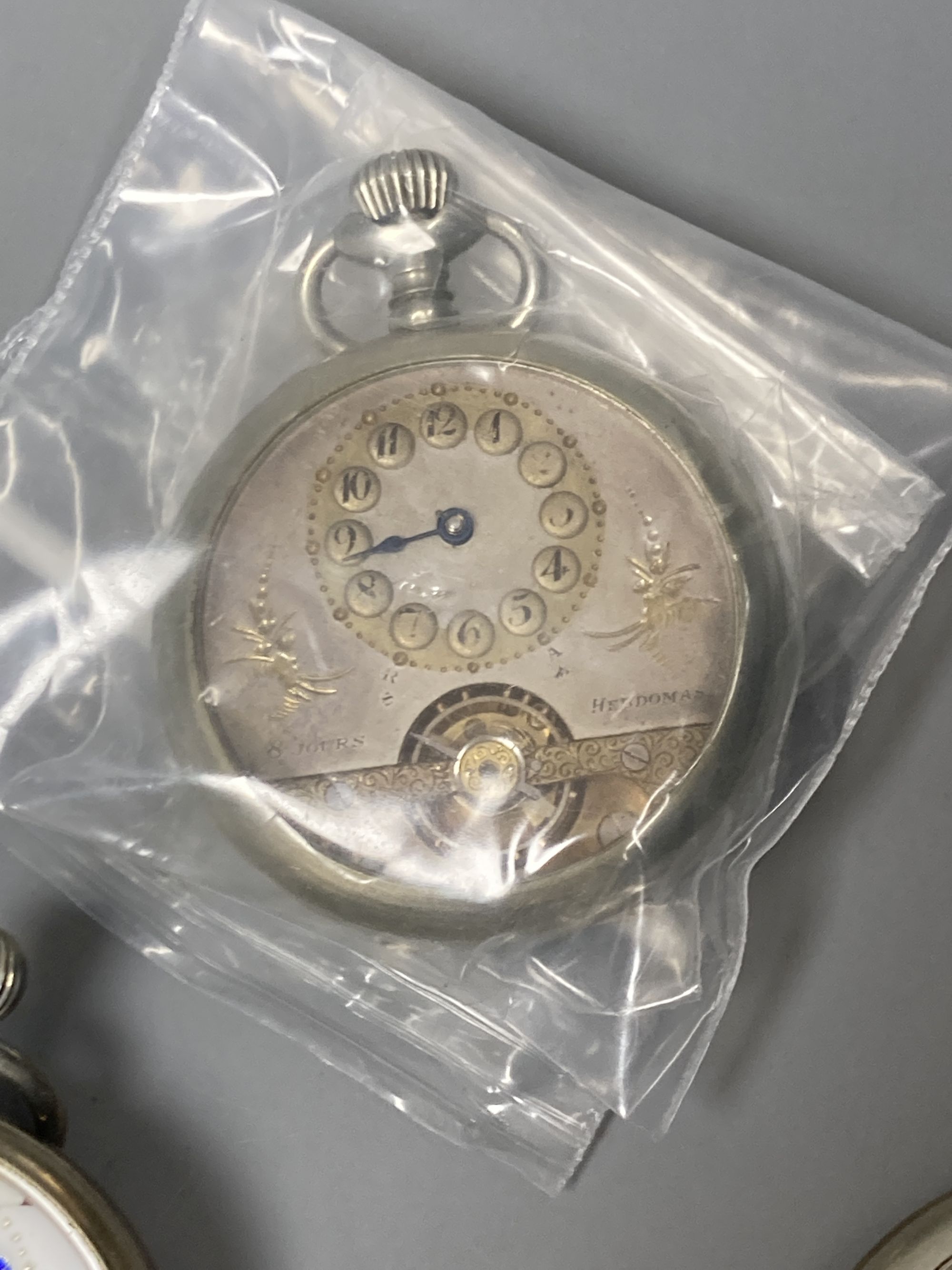 Five assorted base metal Hebdomas pocket watches and one 800 standard Hebdomas watch and two other Hebdomas style pocket watches (mostly a.f.)